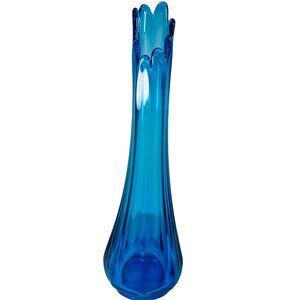 Vtg LE Smith Swung Vase Turquoise Peacock Blue Glass Paneled Swung Vase MCM‎